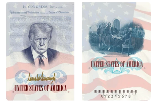 Mock passport with Trump’s image and signature (State Department)